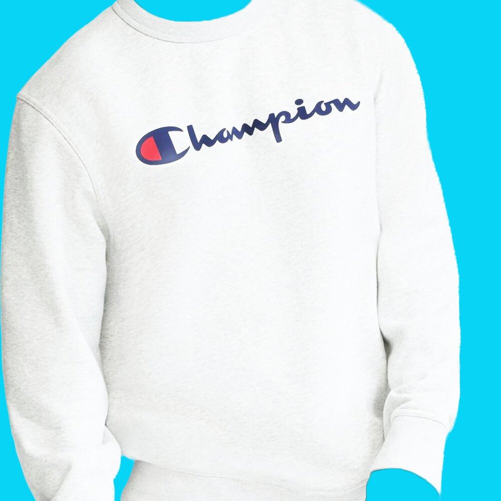 Men's Champion Powerblend Crewneck Sweatshirt, Classic Script Logo, white large